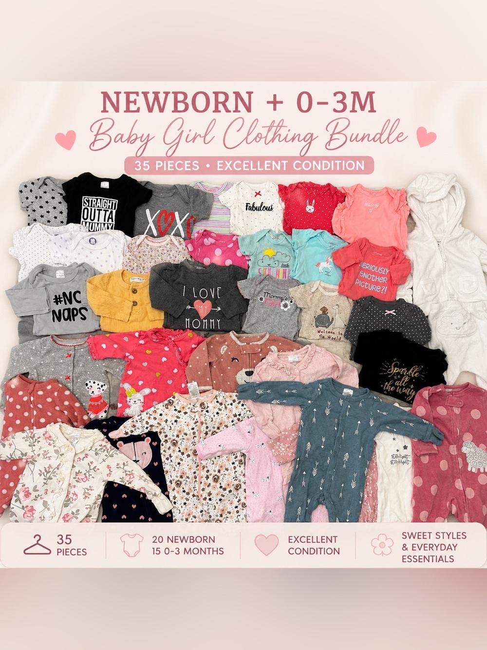 Baby Girl Newborn + 0–3M Clothing Bundle | 35 Pieces | Excellent Condition ✨